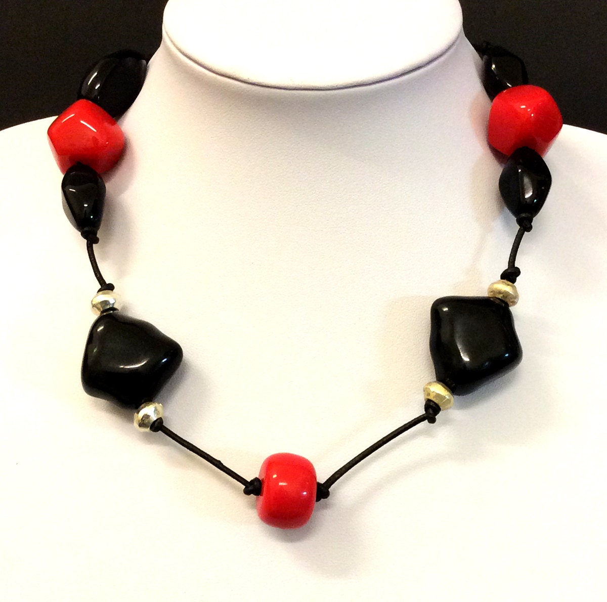 Black and Red short necklace, Acrylic beads,  black leather cord, statement jewelry, women's gift