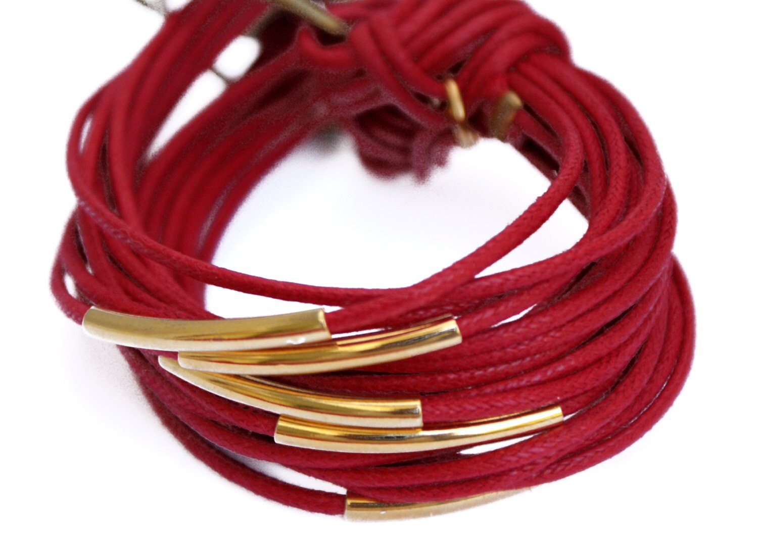 Bracelet, Multicord Bracelet, Red Waxed Cord Bracelet, Brass Bracelet, Stackable Bracelet