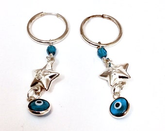 Earrings, Sterling silver with stars, Swarovski blue beads and evil eye, pierced