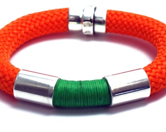 Climbing cord bracelet with silver plated elements and magnetic clasp, cord bracelet, Handmade Trendy orange green jewelry