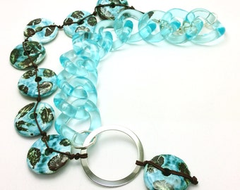 Statement necklace, Acrylic chain and ceramic disks necklace, turquoise and brown necklace, womens gift, jewelry