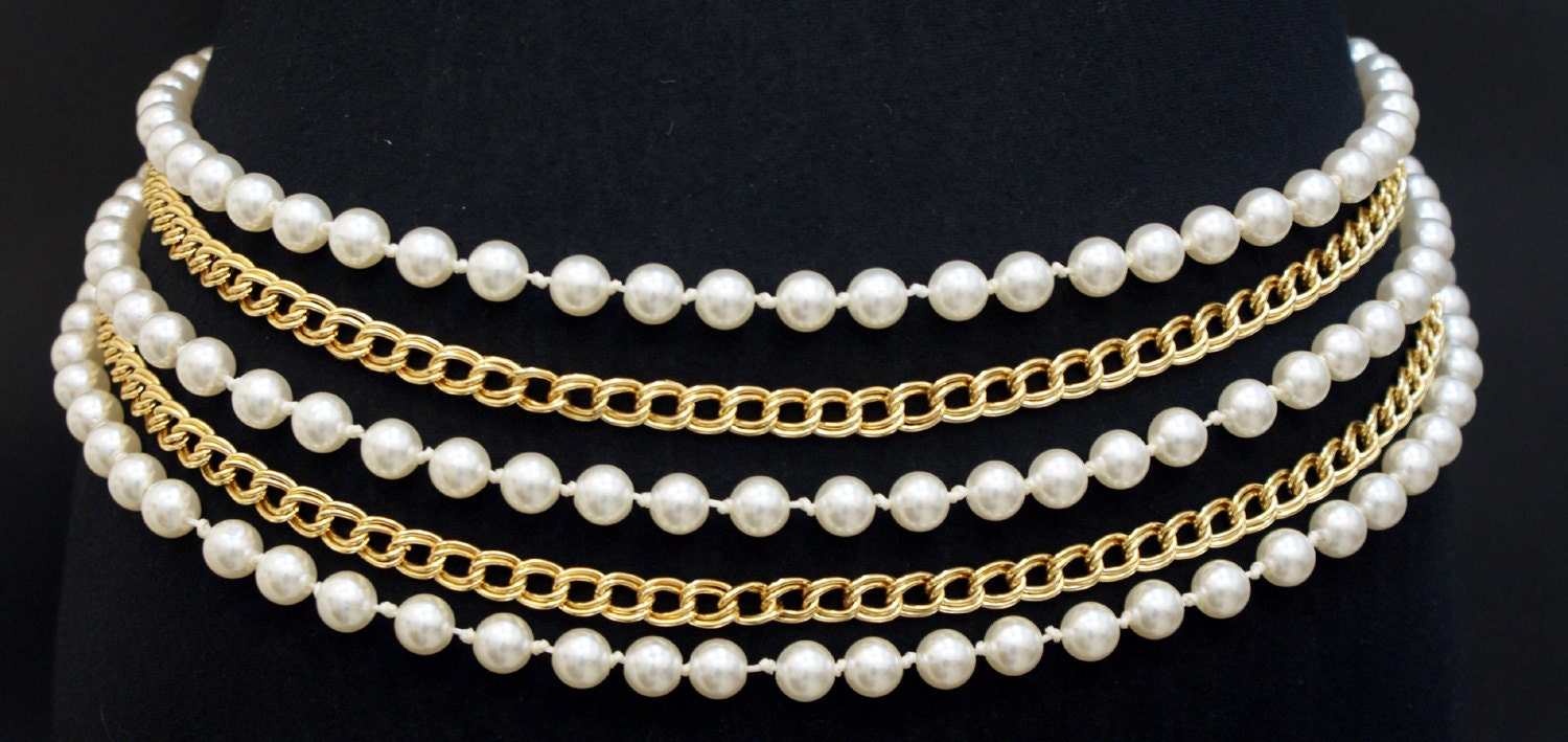 Pearl and Gold Chain Belt, 5-strand Belt, Statement Necklace  display picture 2