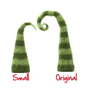 May include: Two green felt gnome hats, one is a smaller version of the other. The larger hat is curled at the top. The smaller hat is straight. The hats are labeled "Original" and "Small".
