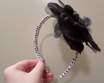 Black and White Polka Dots with Flower Handmade Ribbon Headband