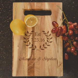 Wreath Acacia Cutting Board Personalized - Engagement - Wedding - Anniversary - New Home - Kitchen Remodel - Realtor Gift - FREE SHIPPING