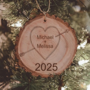 Personalized Carved Heart With Initials Christmas Tree Ornament-Laser Etched into Real Wood-Customize Name and Year-Keepsake Couple Gift