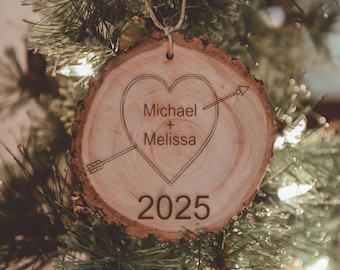 Personalized Carved Heart Wood Slice Christmas Ornament, Couple Keepsake