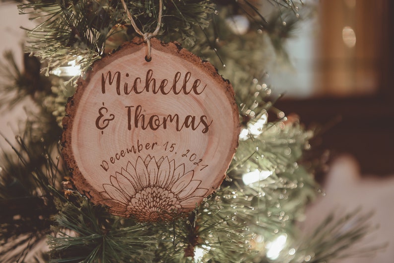 Sunflower Laser Engraved Wood Ornament Wedding Favor image 0