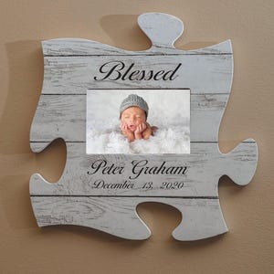 Blessed Puzzle Photo Personalized Frame-  Shower Gift-Baby Custom Baptism- Name and Date Engraved -Nursery Decor - P Graham Dunn Puzzle Wall