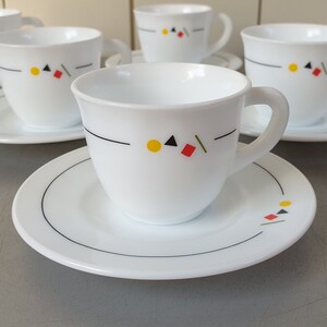 Cute Set of Six Small Cups and Saucersby HARMONIA Spain. 1980s 80s design with Memphis Design Bauhaus Print Decor. Retro Drip Coffee Cup