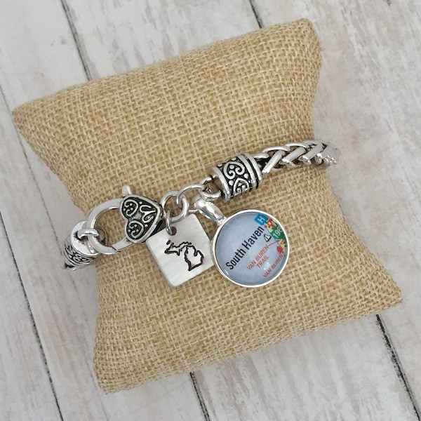 Map Jewelry, South Haven, Michigan Jewelry, Charm Bracelet, Michigan Towns, Michigan Travel