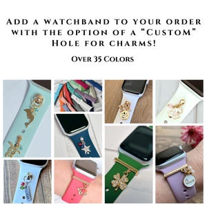 May include: A collage of eight images showing different colored Apple Watch bands with charms attached. The bands are in various colors, including pink, green, blue, white, and purple. The charms are also in various colors and designs, including a dolphin, a star, a clover, a paw print, and a heart. The text "OVER 35 COLORS" is displayed at the top of the collage.
