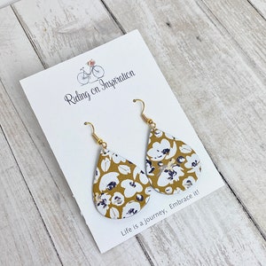 Genuine Leather Earrings, Mustard Poppy Earrings, Teardrop Earrings, Handmade Earrings, Dangle Earrings, Stainless Steel