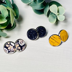 MUSTARD and NAVY Poppy Earrings, STUD Earrings, Faux Leather Earrings,