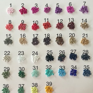 May include: Color chart of 39 different seed beads. The beads are arranged in rows of 5 or 6, with each row numbered 1 through 39. The beads are a variety of colors, including pink, red, orange, yellow, green, blue, purple, and black.