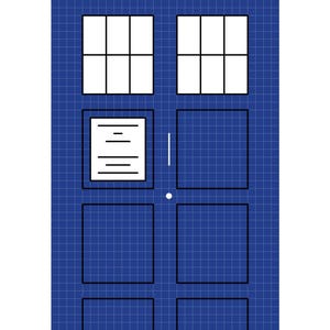 May include: A blue and black pixelated image of a police box with the text "POLICE BOX" on the top. The box has a door with a small window and a larger window with three panes.