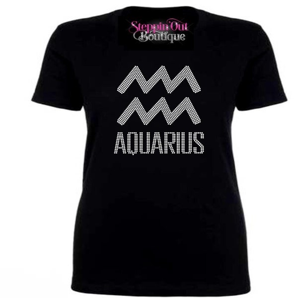 Aquarius Bling Rhinestone Shirt, Aquarius Zodiac Shirt, Zodiac Sign Shirt, Astrology Shirt, Horoscopes Tee, Birthday Shirts For Women