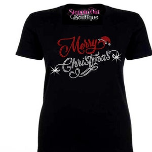 Merry Christmas Rhinestone Bling Shirt, Christmas Bling Shirt, Womens Christmas Shirt, Holiday Bling Shirt, Rhinestone Christmas T Shirt