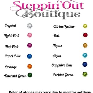 May include: Colour chart showing different rhinestone colours for jewellery making. The colours include crystal, light pink, hot pink, capri blue, orange, emerald green, citrine yellow, red, topaz, aqua, sapphire blue, and peridot green.