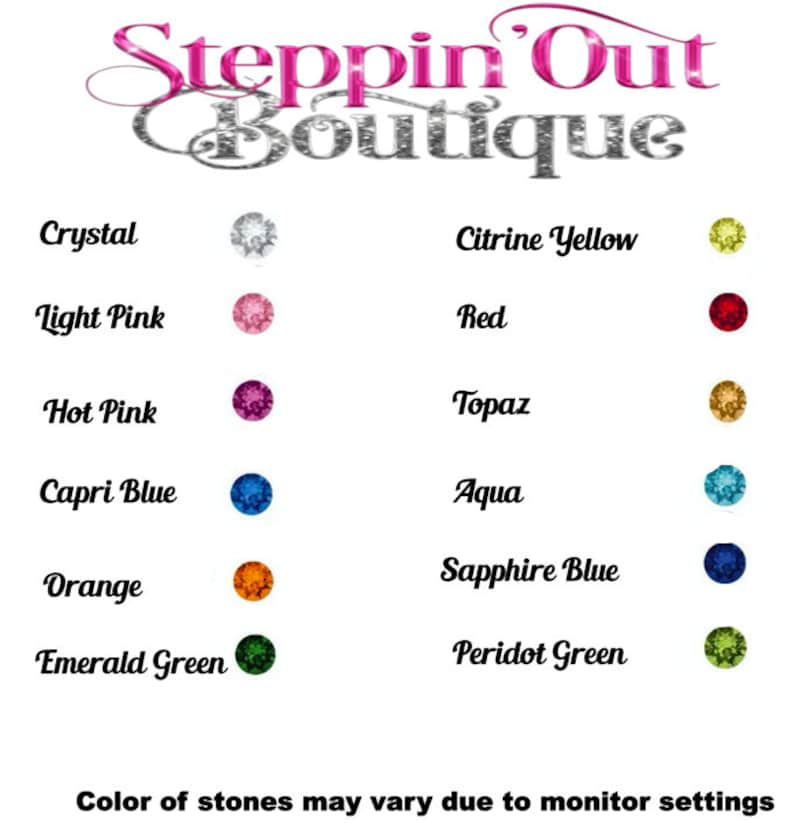 May include: Colour chart showing different rhinestone colours for jewellery making. The colours include crystal, light pink, hot pink, capri blue, orange, emerald green, citrine yellow, red, topaz, aqua, sapphire blue, and peridot green.