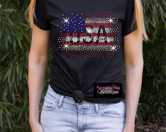 4th of July Rhinestone Shirt, 1776 USA America 250 Bling Tee, Patriotic Sparkle Outfit, American Flag Shirt
