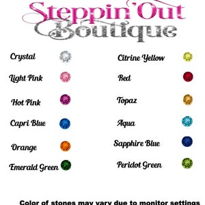 May include: Colour chart showing different rhinestone colours for jewellery making. The colours include crystal, light pink, hot pink, capri blue, orange, emerald green, citrine yellow, red, topaz, aqua, sapphire blue, and peridot green.