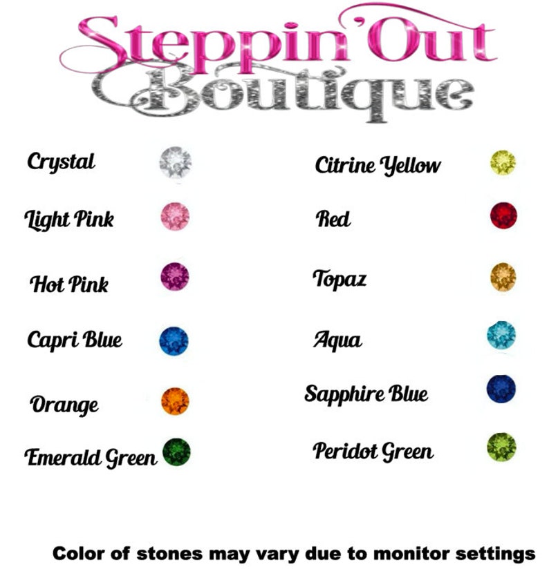 May include: Colour chart showing different rhinestone colours for jewellery making. The colours include crystal, light pink, hot pink, capri blue, orange, emerald green, citrine yellow, red, topaz, aqua, sapphire blue, and peridot green.