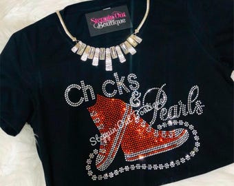 Chucks and Pearls Bling Shirt, Chucks and Pearls 2021, Birthday Girl Shirt, Chucks and pearls Rhinestone Shirt, Women&#39;s Birthday Shirt