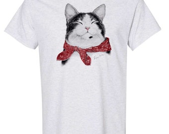 Printed Tee Shirt with Bandana Wearing Cat. Virginia Miller Artwork,