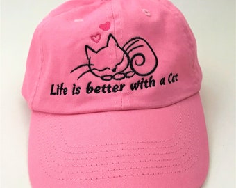 Life is better with a Cat hat! Cat lover hat, Embroidered Cat Hat, Cat hat ! Pink and Lavender cat hat!