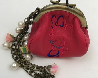 Minnie Mouse coin purse, Leather embroidered Minnie Mouse pouch, leather coin purse!