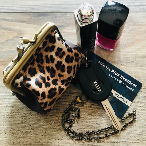 Leopard Print Purse! Leather Coin Purse, Genuine Leather Purse, Leather Pouch, Leather Kiss Lock Purse