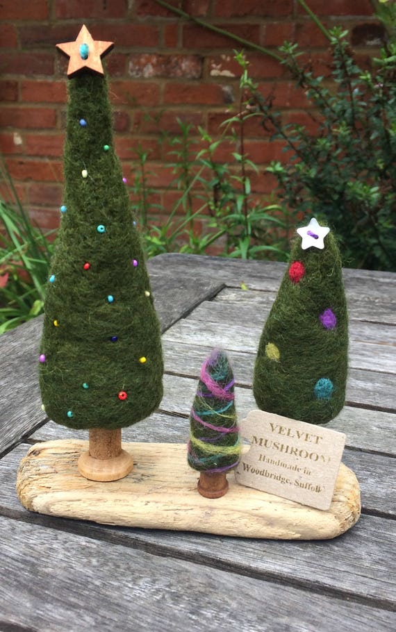 Trio of Needle Felted Christmas Trees on Driftwood Handmade Etsy