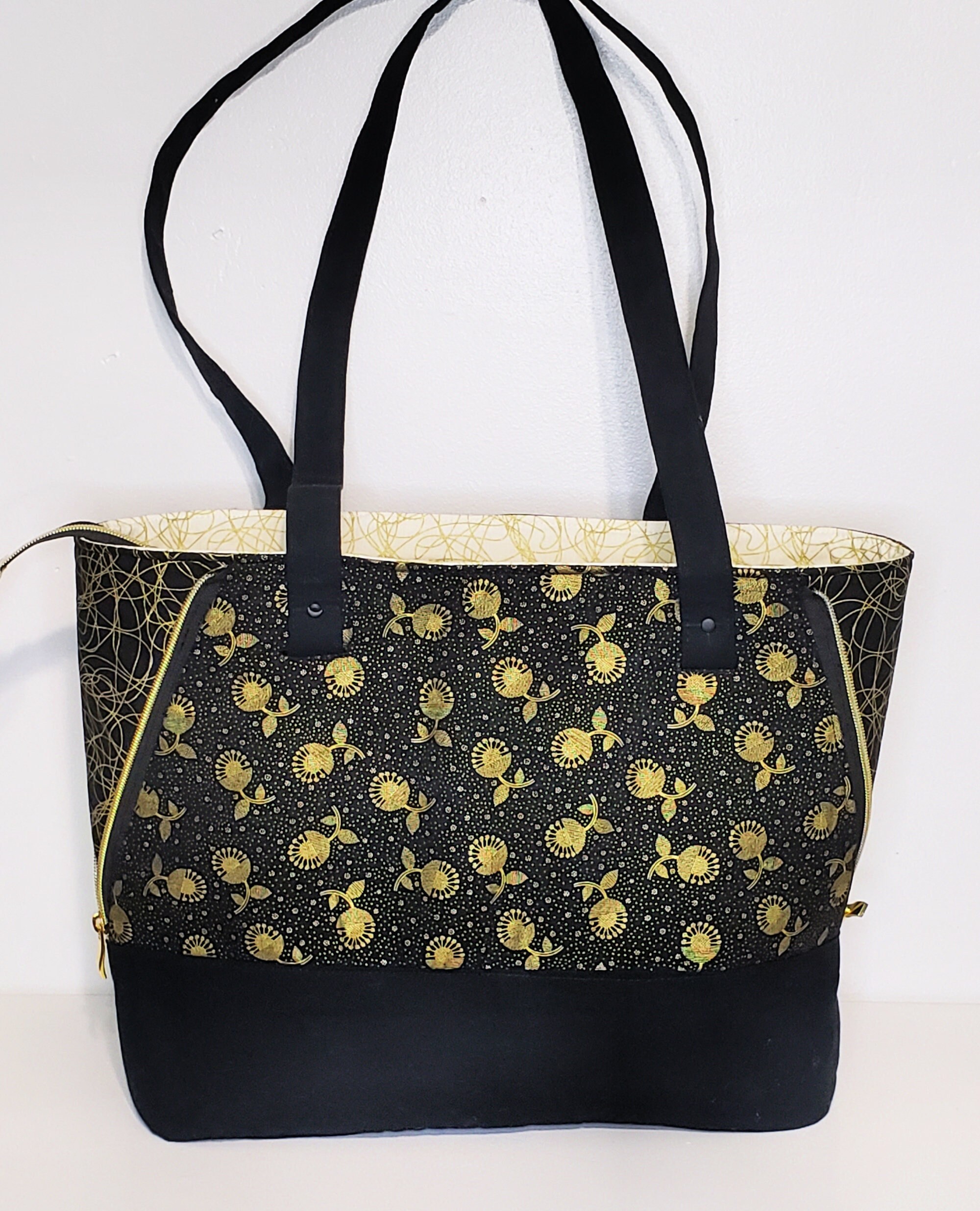 Tote Bag Recessed Zipper Tote Bag Black and Gold Tote Sky Etsy