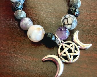 The Dark Goddess Bracelet | Triple Goddess Charm Pentacle | Tuxedo Agate, Amethyst, Black Labarodite, Rutilated Agate | Limited Edition