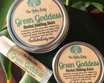 Green Goddess Herbal Balm | Natural Skin Repair for cuts, bites, burns | Plantain, Rose, Lavender, Calendula, Olive Oil | Lip Repair