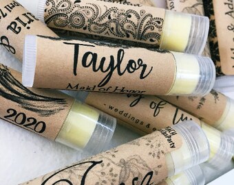 Kraft Paper Label Lip Balm for Weddings | Personalized Chapstick Party Favor | Brown Paper Rustic Style, Black Ink | Elegant Yet Simple