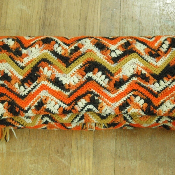 Vintage Orange Brown Chevron Crochet Blanket - Handmade Zig Zag Fall Harvest Throw Afghan - Twin Bed