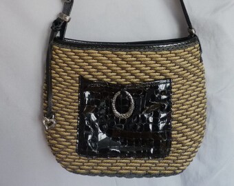 Brighton woven straw patent croc leather trim shoulder bag