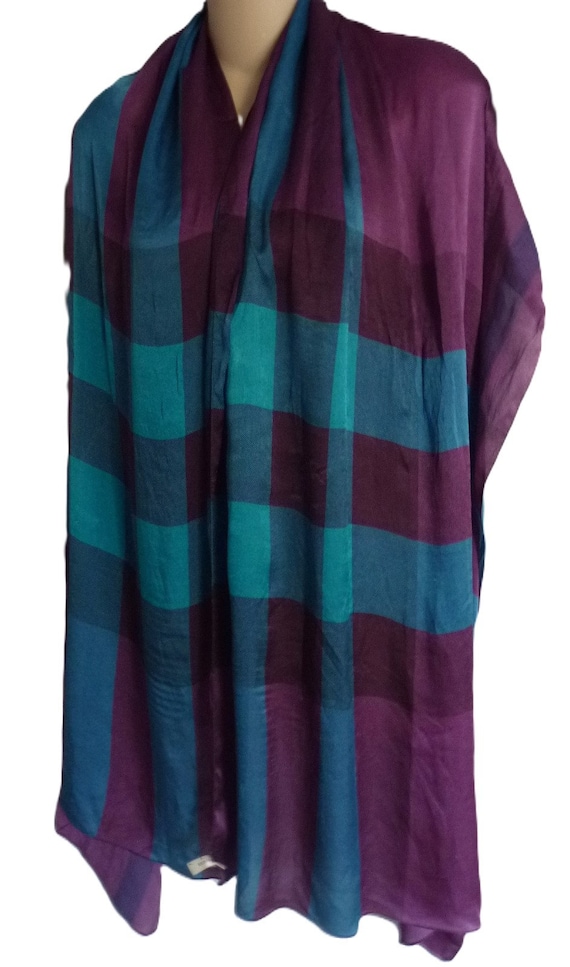 Burberry check turquoise purple silk shawl wrap sc