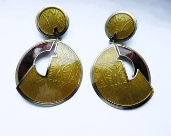 Edgar Berebi Earrings Gold & Brown Clip on Enamel large 3.25x2"