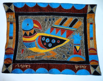 Kaross South Africa Parrot embroidered cloth wall hanging cushion face 15x11.5"