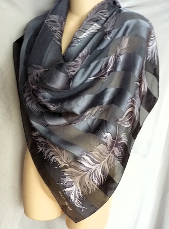Ellen Tracy feathers silver black silk scarf 34x34