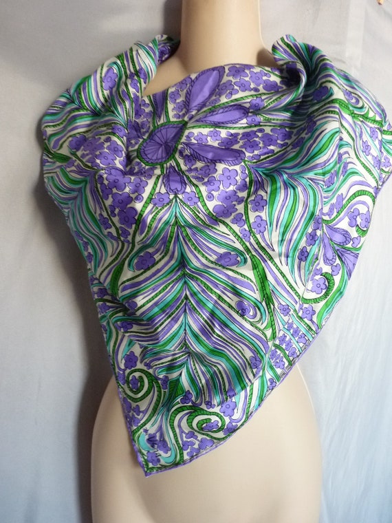 Vera Ladybug purple green floral silk scarf 27x27"