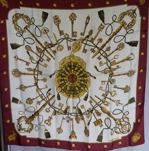 Hermes Vintage Burgundy Les Cles Keys Silk Scarf 3