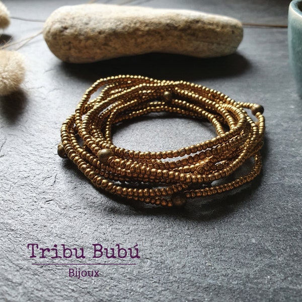 Ensemble de 10 bracelets fins élastiqués en perles de rocaille dorées bronze, bracelets superposés