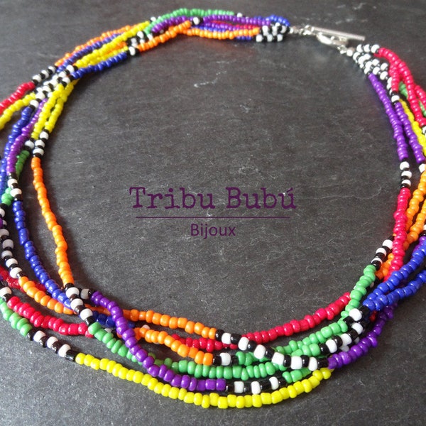 Collier d'inspiration ethnique africaine "Ngorongoro" violet, rouge, bleu, vert, jaune, orange, noir et blanc