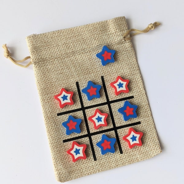 4th of July Party Favor - Patriotic Gift for Kids - Independence Day - Summer - Tic Tac Toe Game - Stocking Stuffer - Mini Eraser Stars