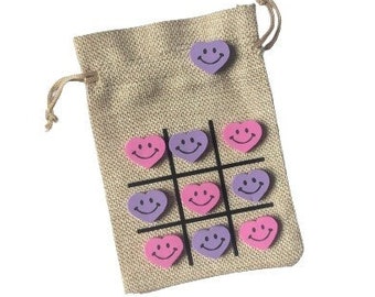 Valentine's Day Tic Tac Toe Set - Gift for Kids - Class Valentine - Easter Basket Filler -Non-Candy - Purple & Pink Mini Smile Heart Erasers