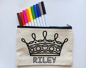 Princess Theme Gift for Kids - Personalized Pencil Case - Princess Party Favor - Crown - Tiara - Color Your Own Bag Kit with Markers